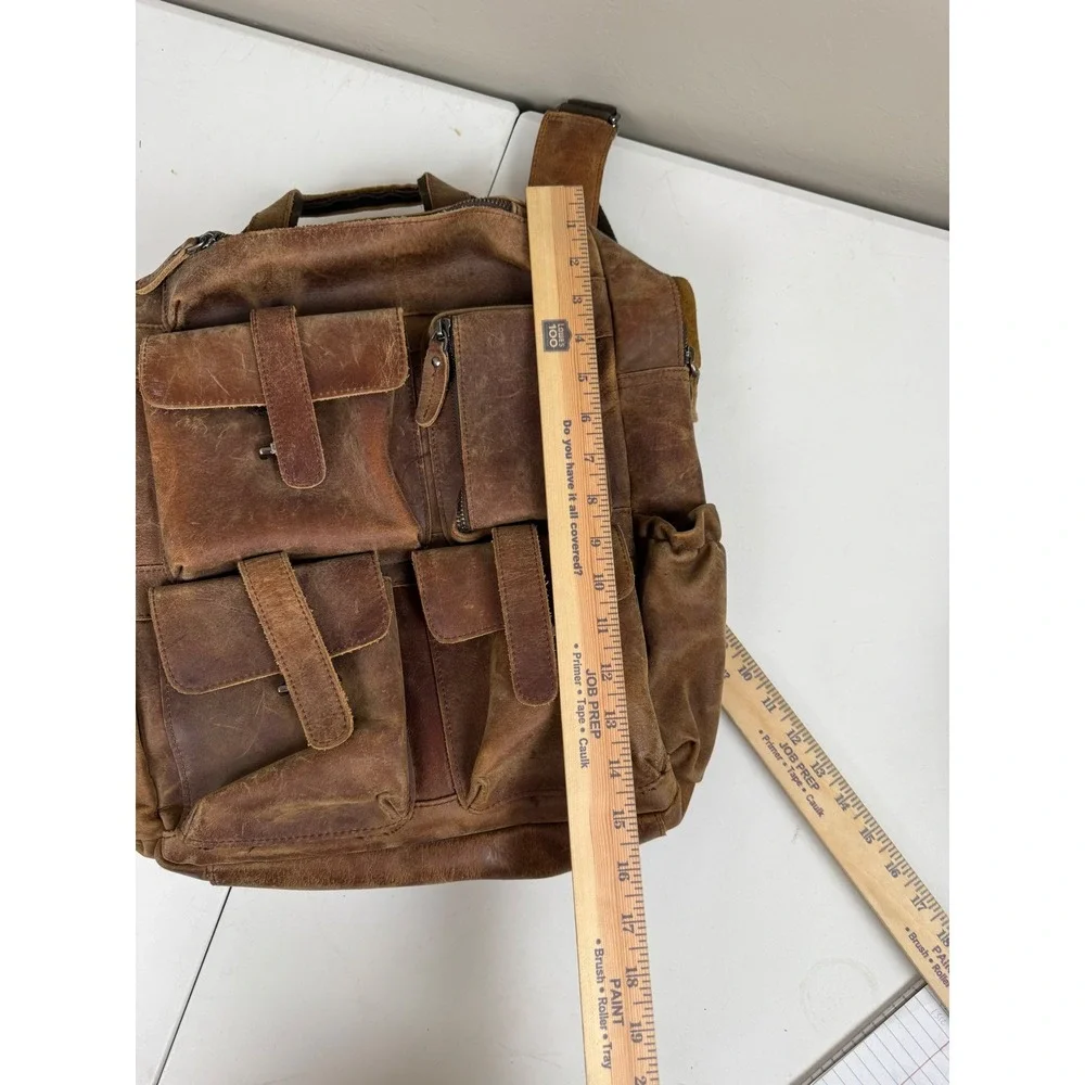 Brown Leather Multi Pocket Backpack Rucksack Laptop Sleeve Mens Bag